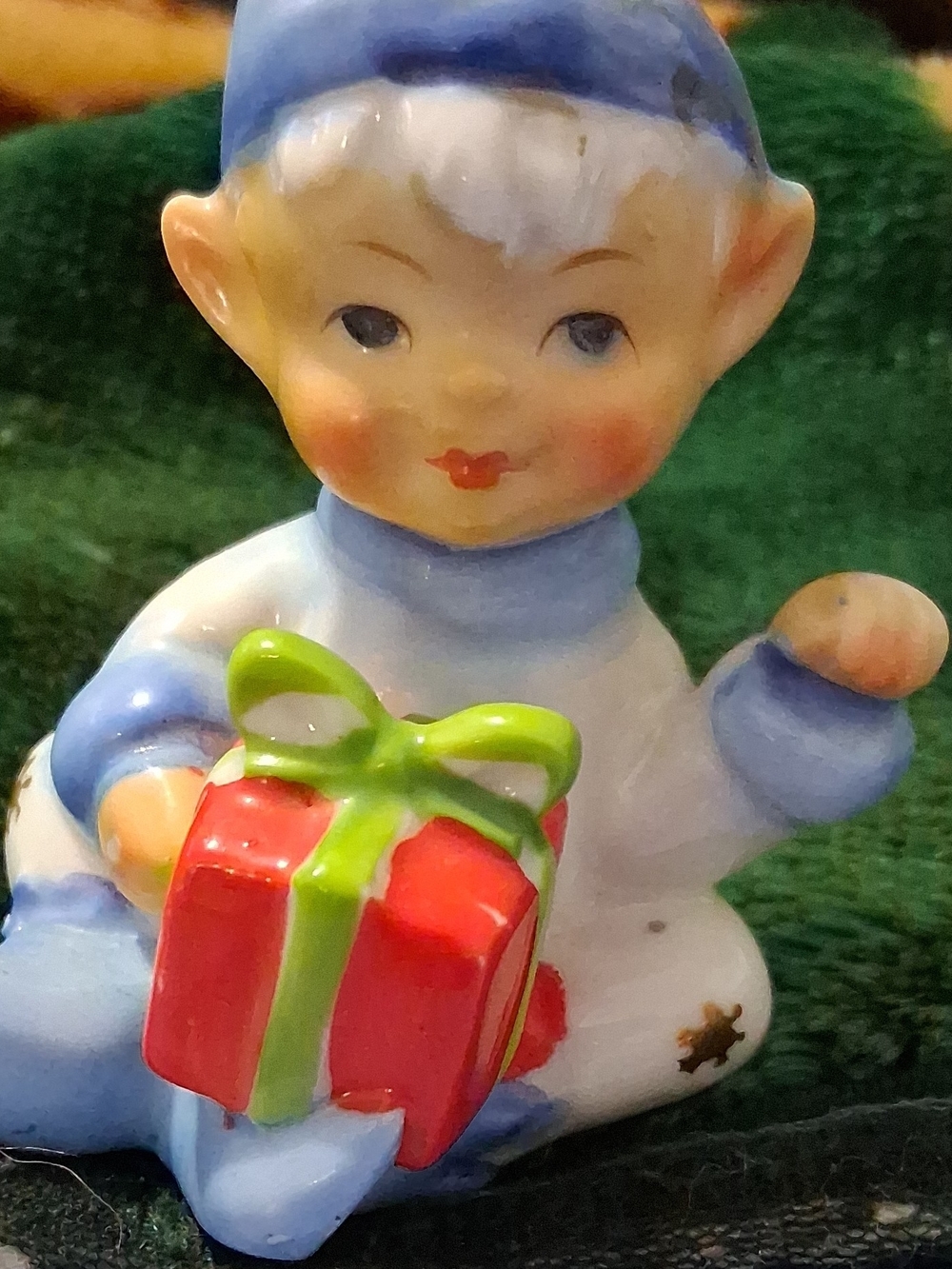 Blue and White Elf Figurine Holding Red Gift - Vintage Japan Ceramic